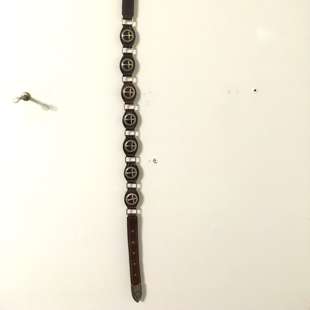 SOLD! Brown Leather Belt with Cross. 32” long.